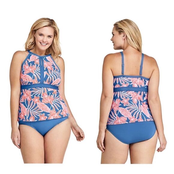 Land’s End Plus keyhole modest tankini tropic blue linear floral 14 DDD - Picture 3 of 3